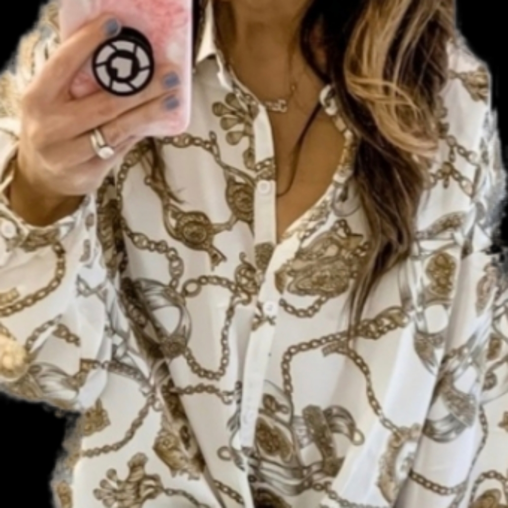 Oversized White and Gold Chain Link Blouse Small